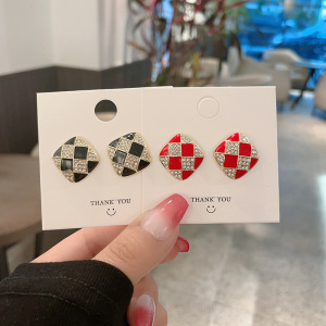 925银针黑白棋盘格耳钉设计感镶钻复古法式赫本风耳环气质耳饰品